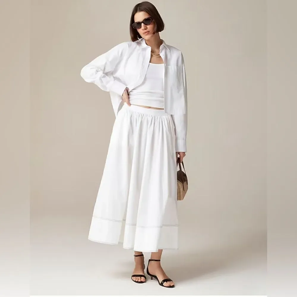 NWT J CREW Contrast-stitch midi skirt in cotton poplin in dark navy